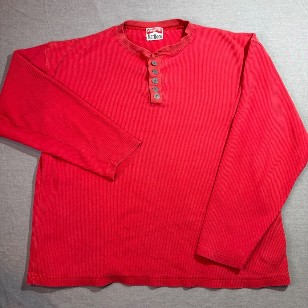 Marlboro Henley Shirt Mens XL Red Excellent Vintage Ribbed Long Sleeve